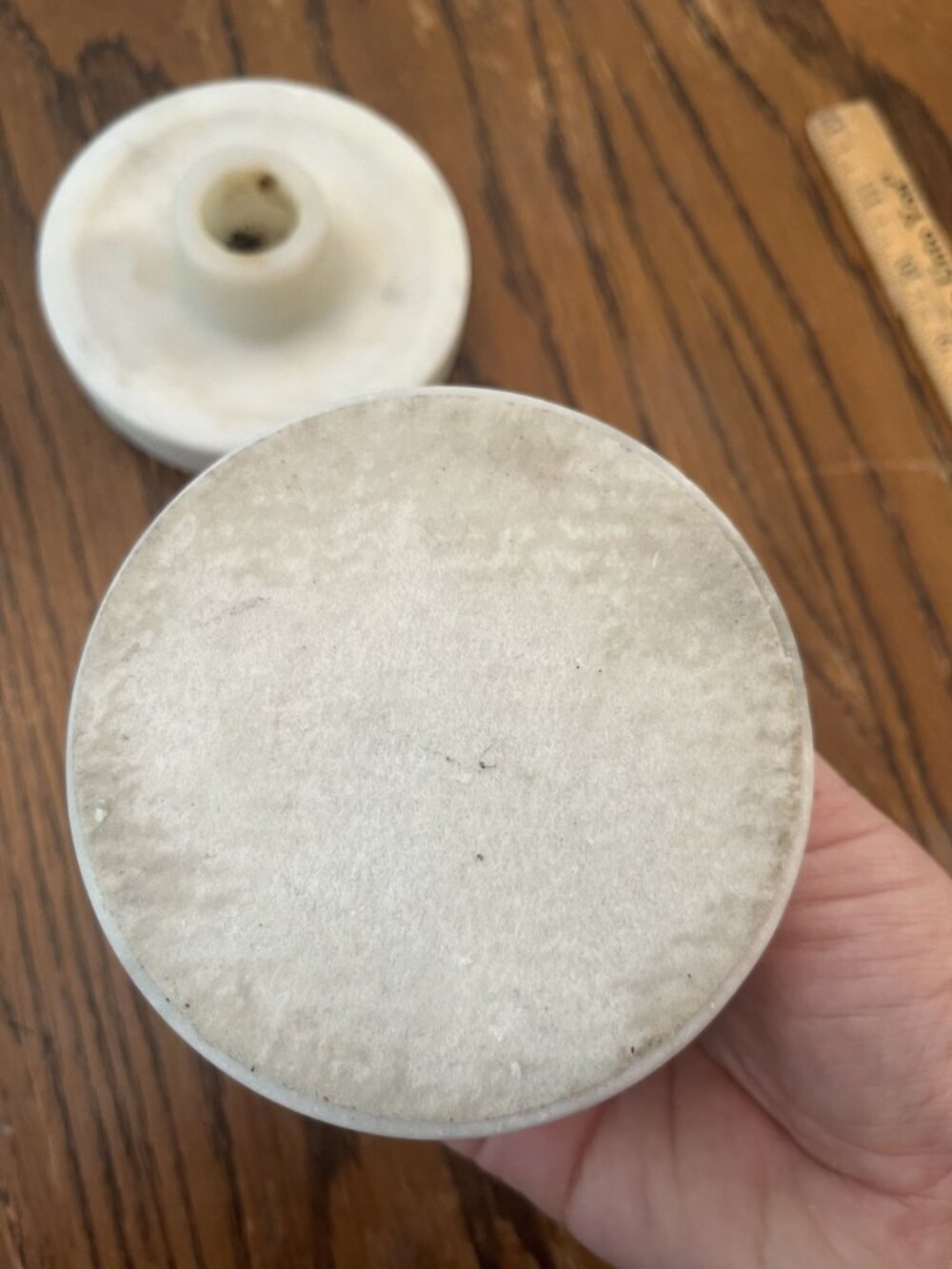 Pair Of Vintage White Marble Candle Holders With Round Base And Centered Tapered - Picture 5 of 6
